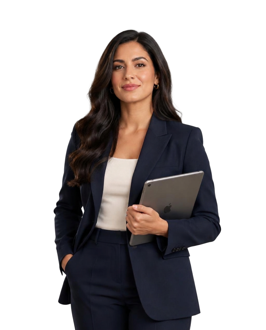 Marketing strategist in a navy blazer holding a tablet